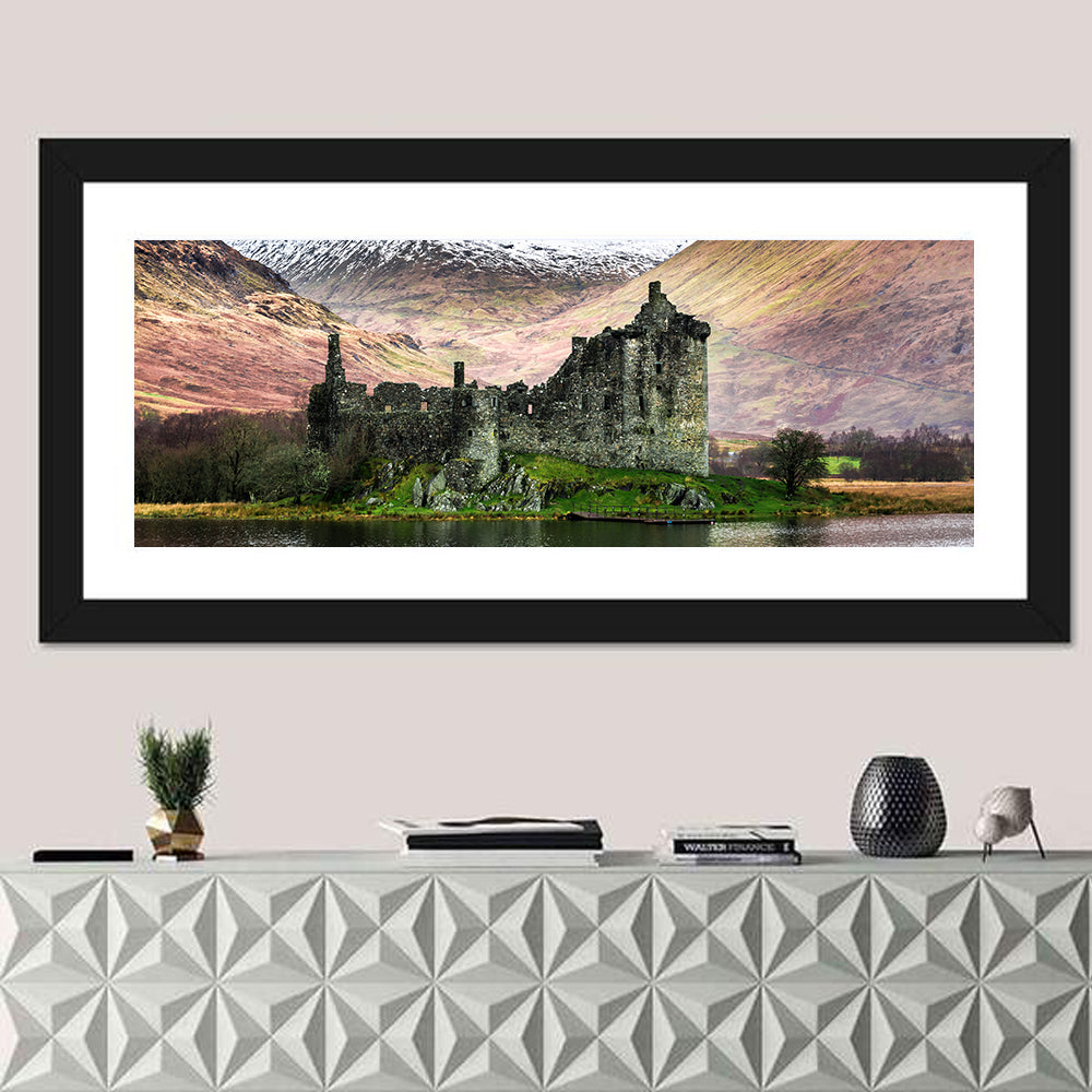 Kilchurn Castle in Winter, Loch Awe Wall Art in a room, panoramic
