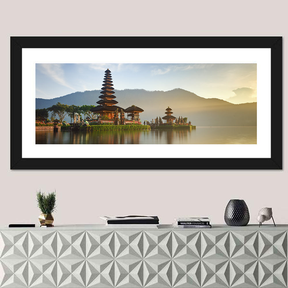 Ulun Danu Beratan Temple at Sunrise Wall Art in a room, panoramic