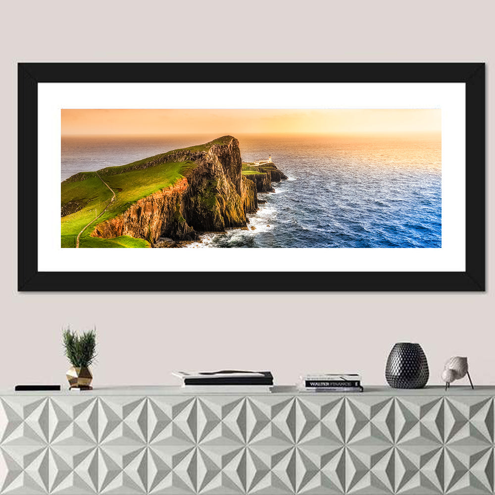 Sunset at Neist Point Lighthouse Wall Art in a room, panoramic