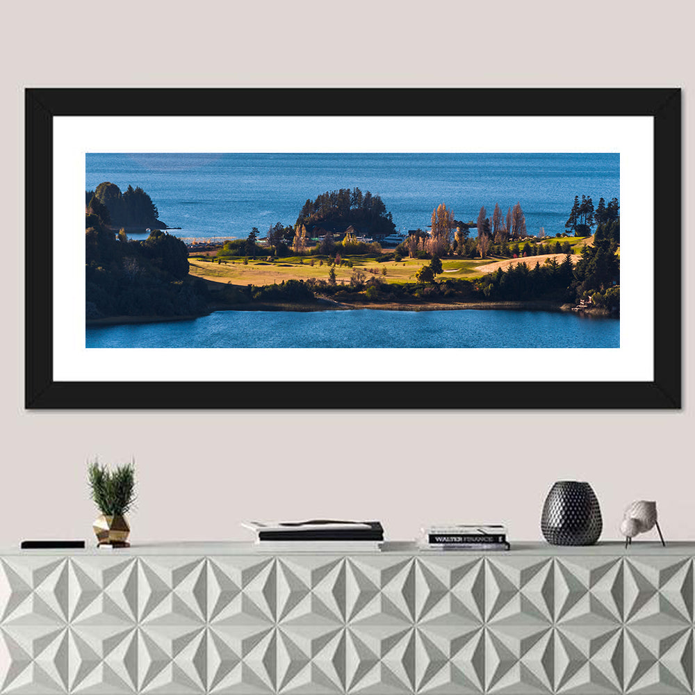 Nahuel Huapi Lake Golden Hour Wall Art in a room, panoramic