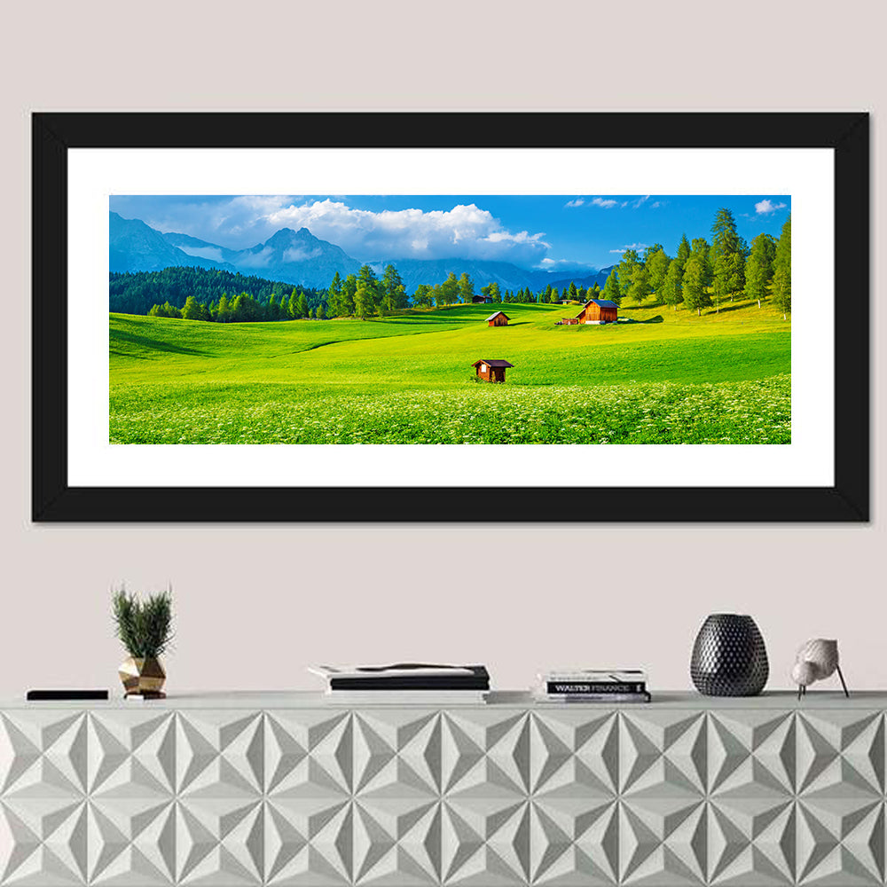 Alpine Valley Meadow, Austria Wall Art in a room, panoramic