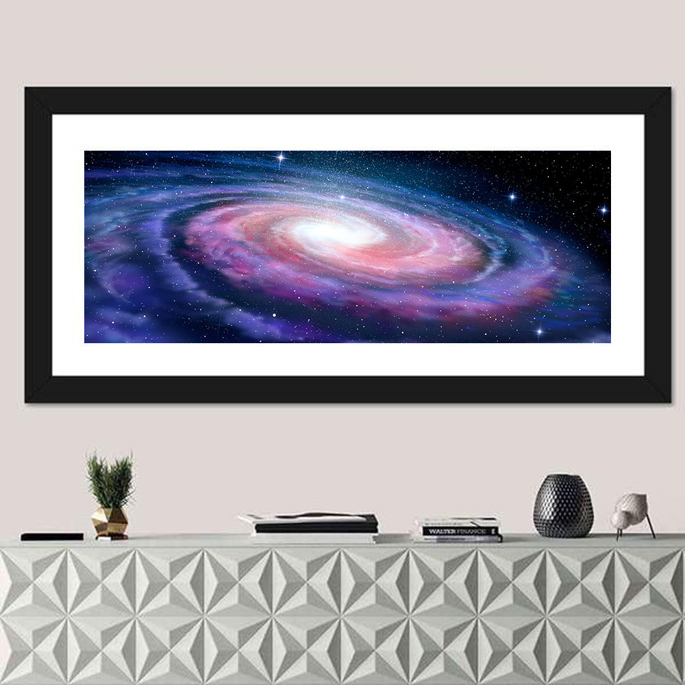 Spiral Galaxy Wall Art in a room, panoramic