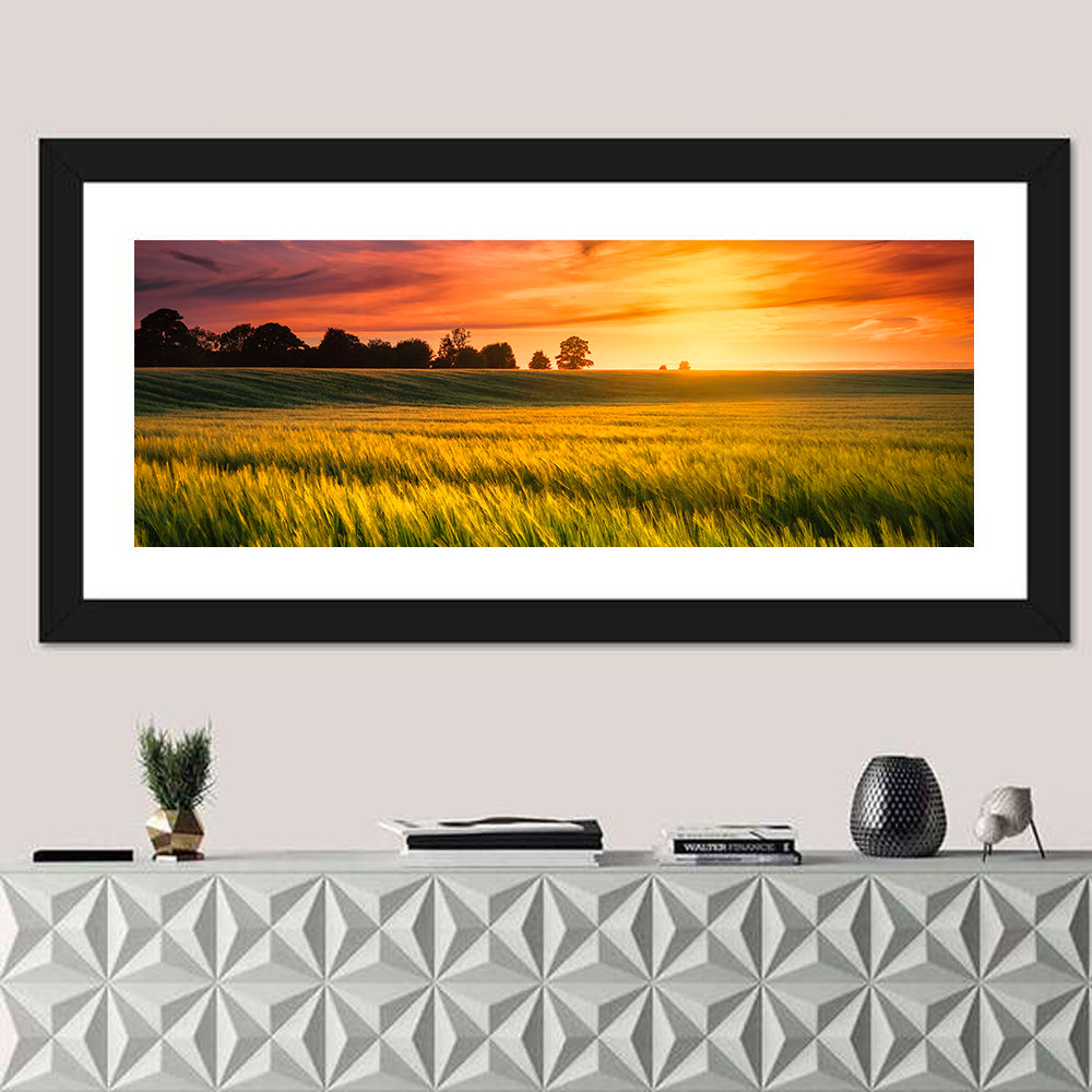 Wheat Field at Golden Hour Wall Art in a room, panoramic