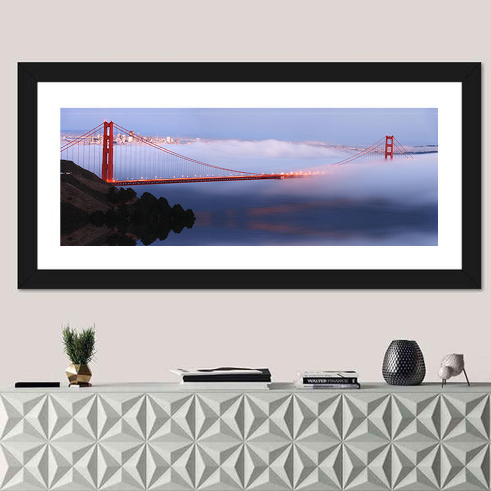 Golden Gate Bridge at Dusk Wall Art in a room, panoramic