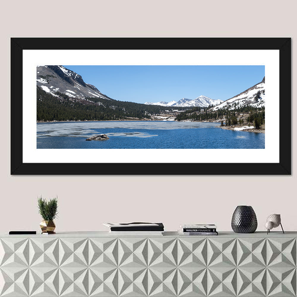 Yosemite Frozen Lake Scene Wall Art in a room, panoramic