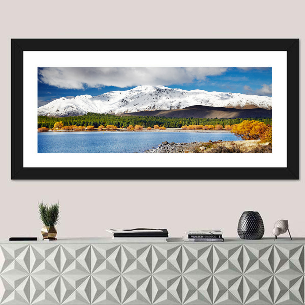 Lake Tekapo Autumn View Wall Art in a room, panoramic