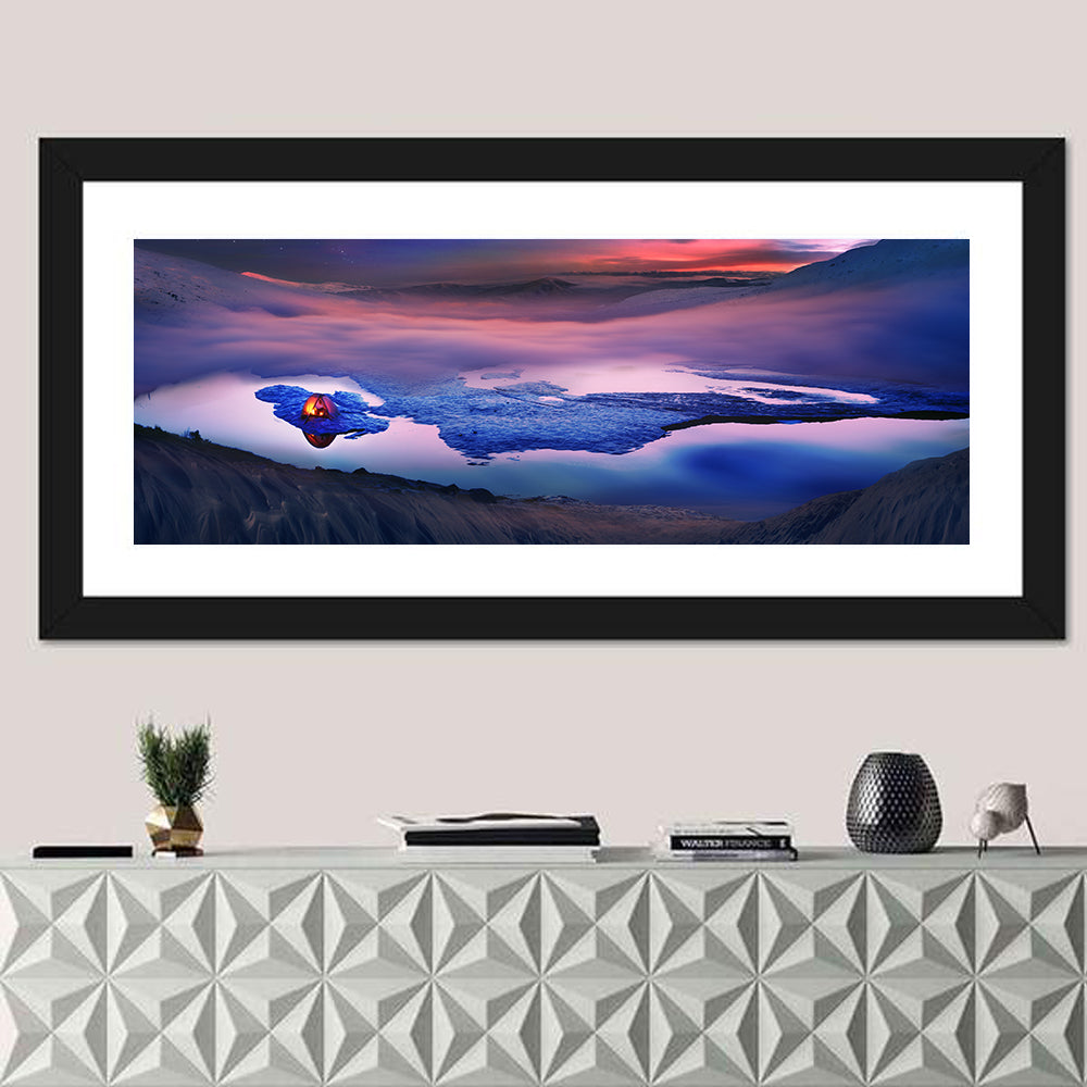 Glowing Tent on Frozen Mountain Lake Wall Art