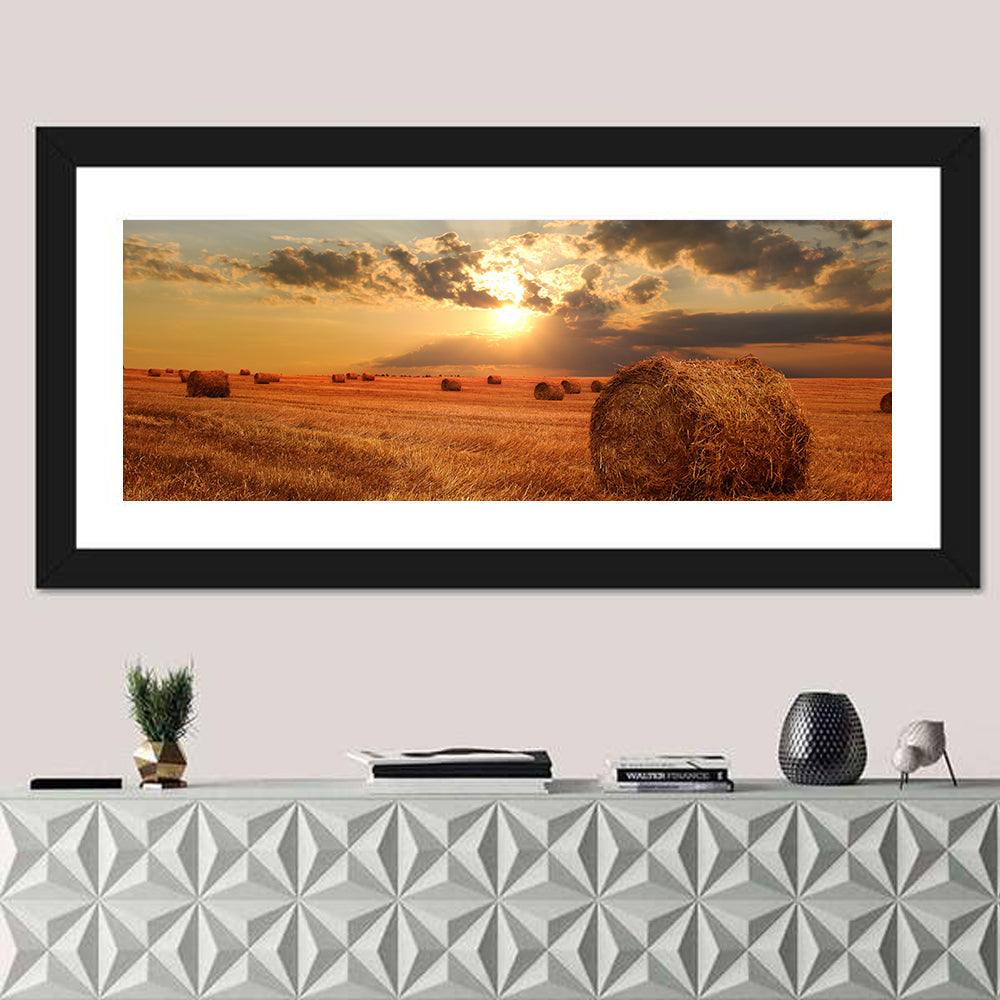 Golden Hour Hay Bale Wall Art in a room, panoramic