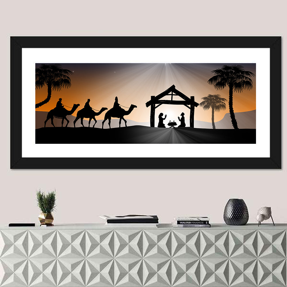 Desert Nativity Silhouette Wall Art in a room, panoramic