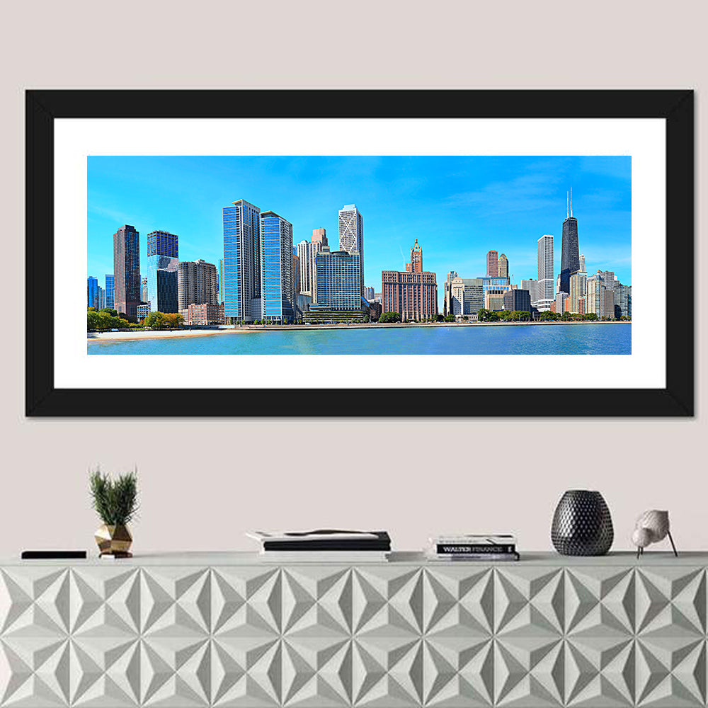 Chicago Lakeshore Skyline Wall Art in a room, panoramic