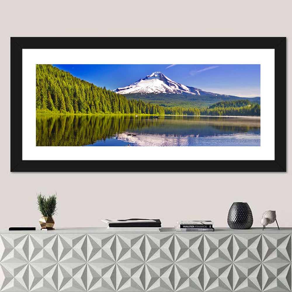 Mt Hood Reflected in Trillium Lake Wall Art in a room, panoramic