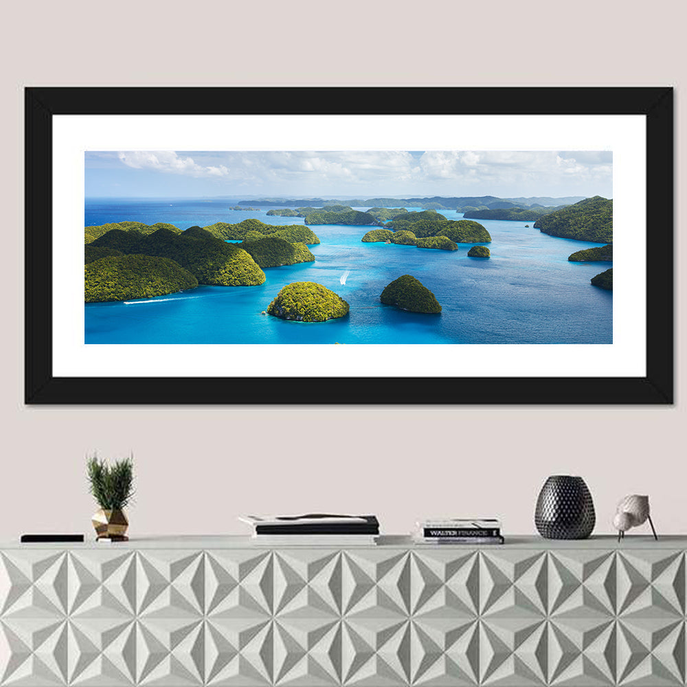 Rock Islands Aerial View Wall Art in a room, panoramic