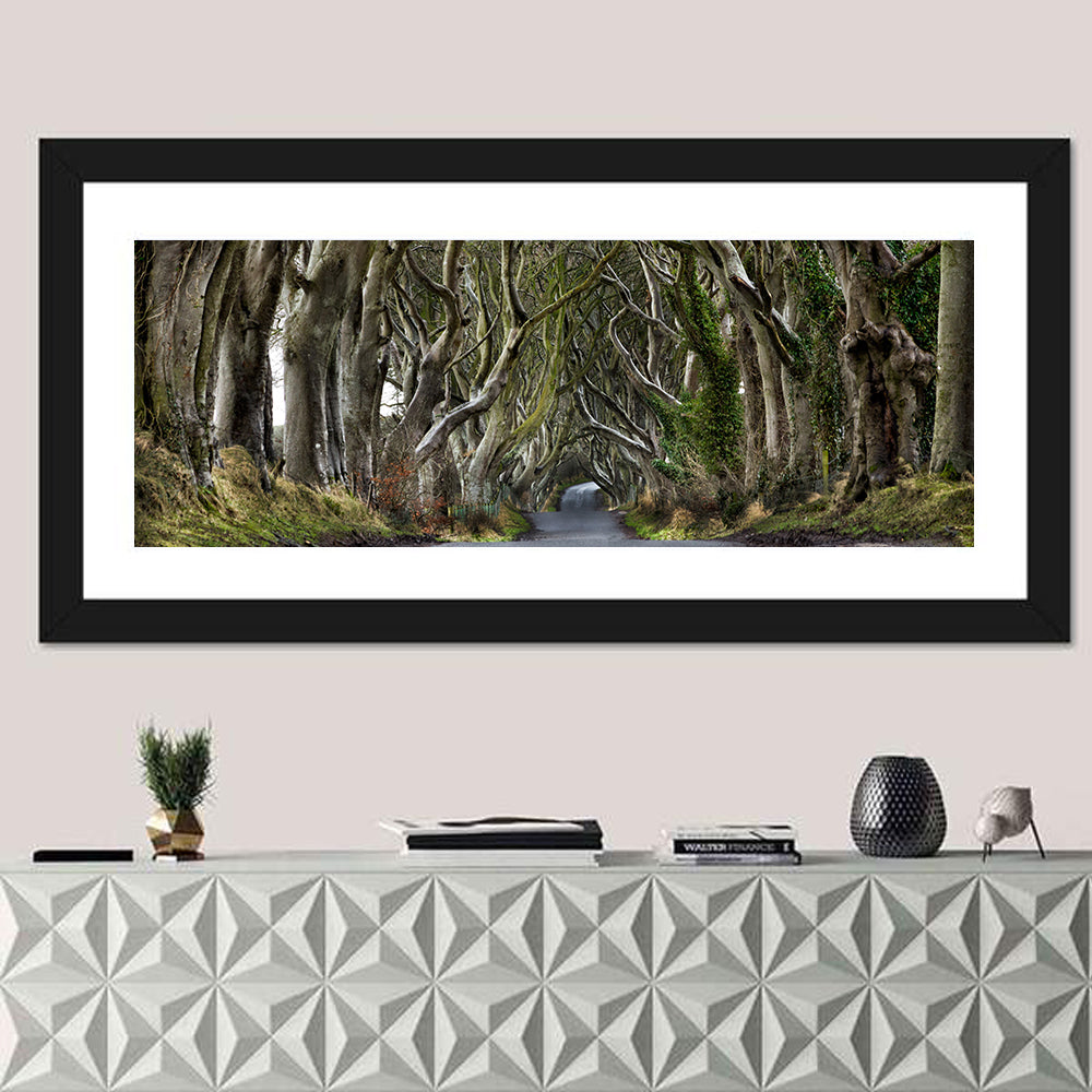 Dark Hedges Tree Tunnel Wall Art in a room, panoramic
