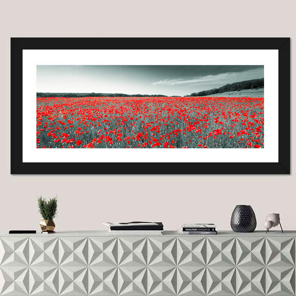 Red Poppy Field Wall Art in a room, panoramic