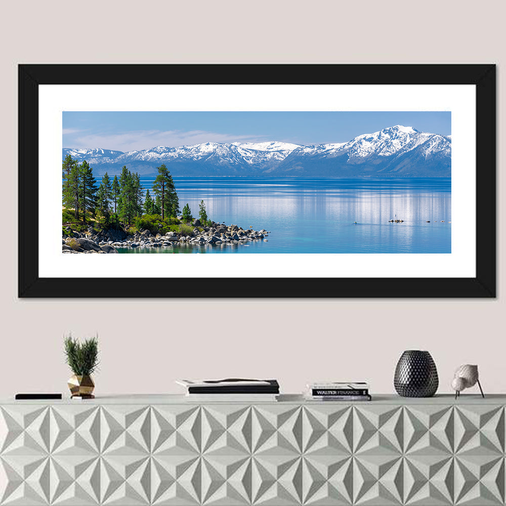 Lake Tahoe Shoreline View Wall Art in a room, panoramic