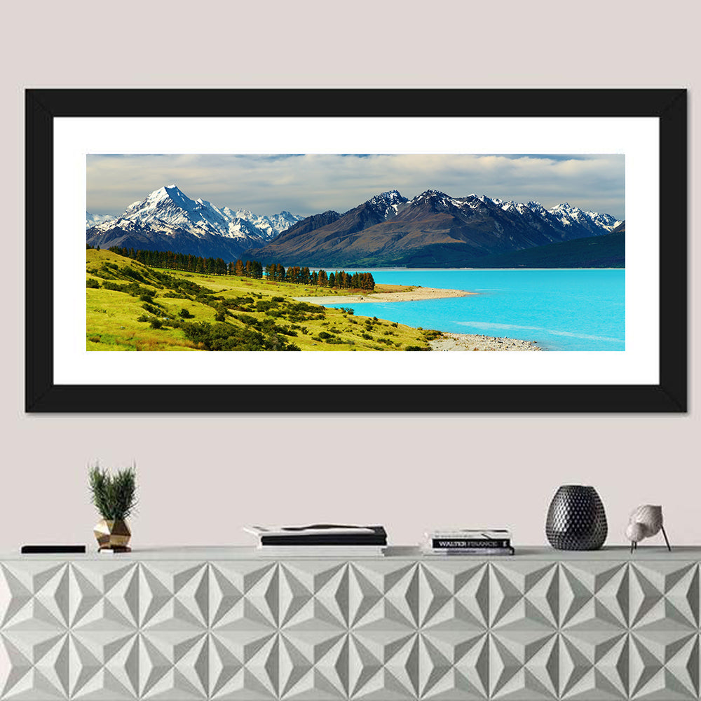 Mount Cook Over Lake Pukaki Wall Art in a room, panoramic