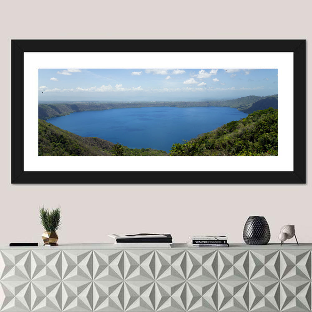 Serene Apoyo Crater Lake Wall Art in a room, panoramic