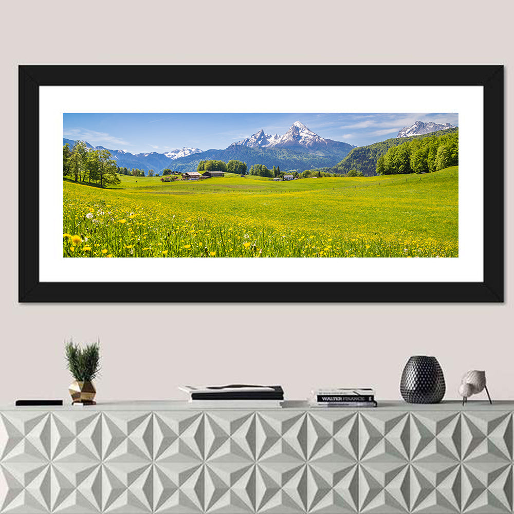 Watzmann Mountain Meadow Wall Art in a room, panoramic