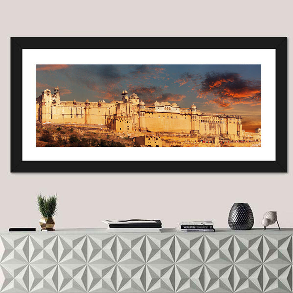 Amer Fort at Golden Dusk Wall Art in a room, panoramic