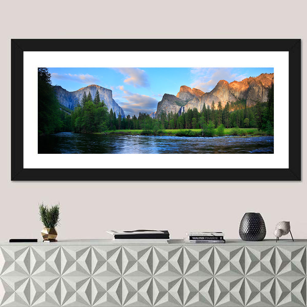 Yosemite Valley Golden Hour Vista Wall Art in a room, panoramic