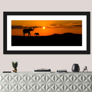 Elephants In Savannah At Sunset Wall Art