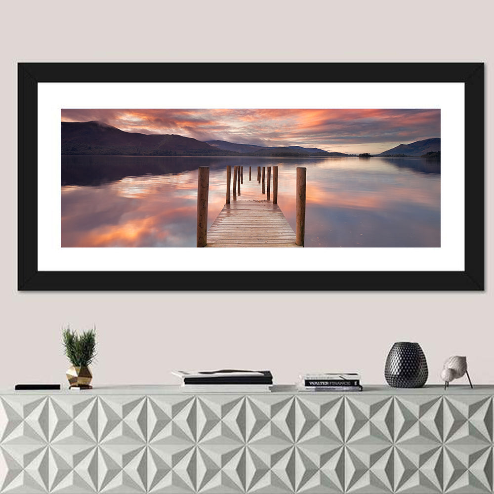 Flooded Jetty in Derwent Water Wall Art in a room, panoramic