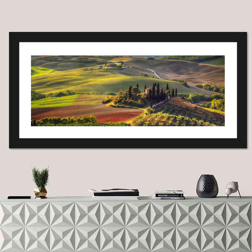 Val D'orcia Sunset Hills Wall Art in a room, panoramic