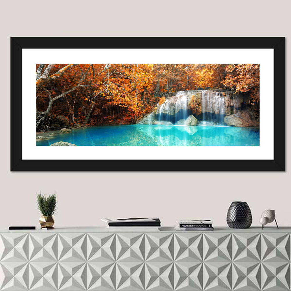 Erawan Waterfall Autumn Reflection Wall Art in a room, panoramic