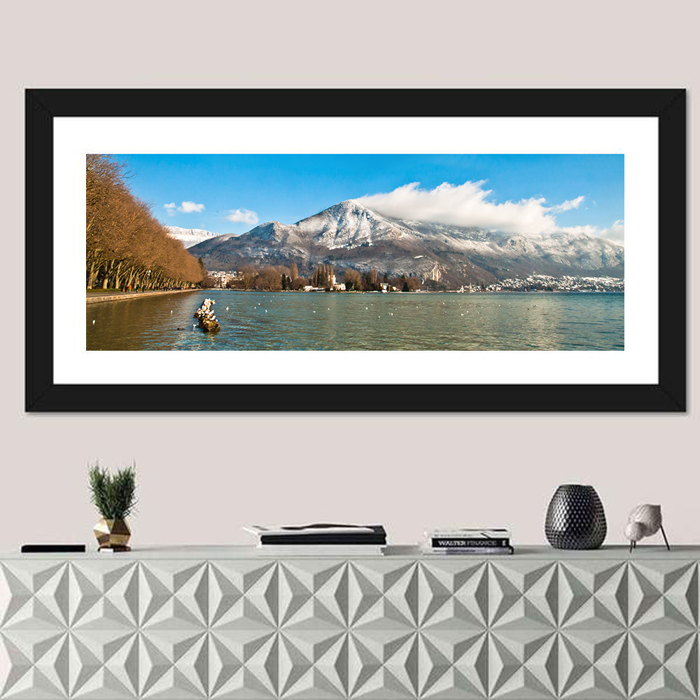 Lake Annecy Winter View Wall Art in a room, panoramic