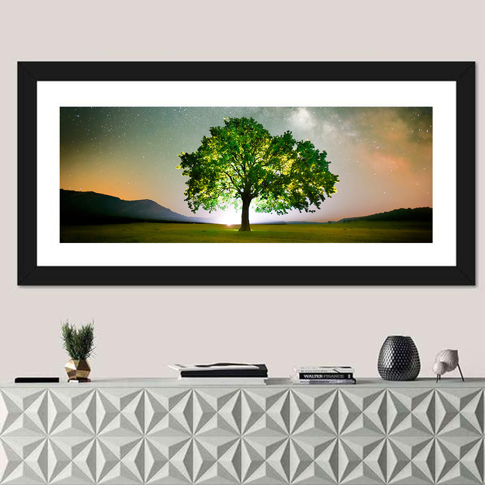 Lone Tree Under Milky Way Wall Art in a room, panoramic