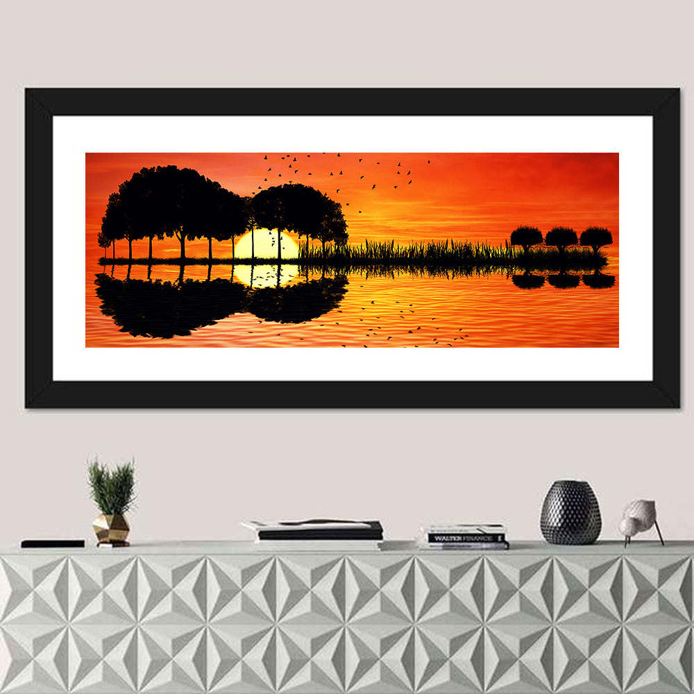 Sunset Trees and Lake Reflection Wall Art in a room, panoramic