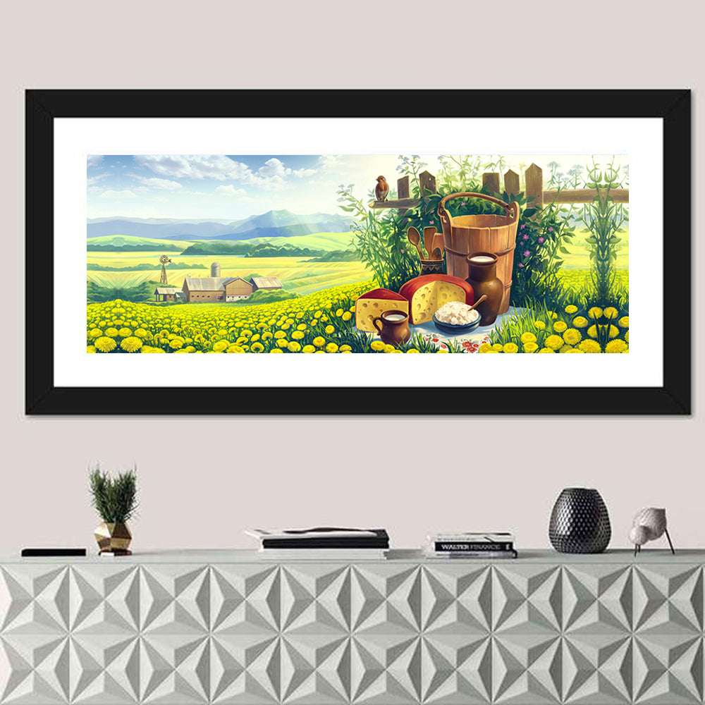 Dandelion Field Landscape Wall Art in a room, panoramic