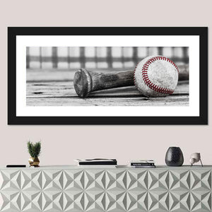 Baseball & Bat On Wood Surface Wall Art