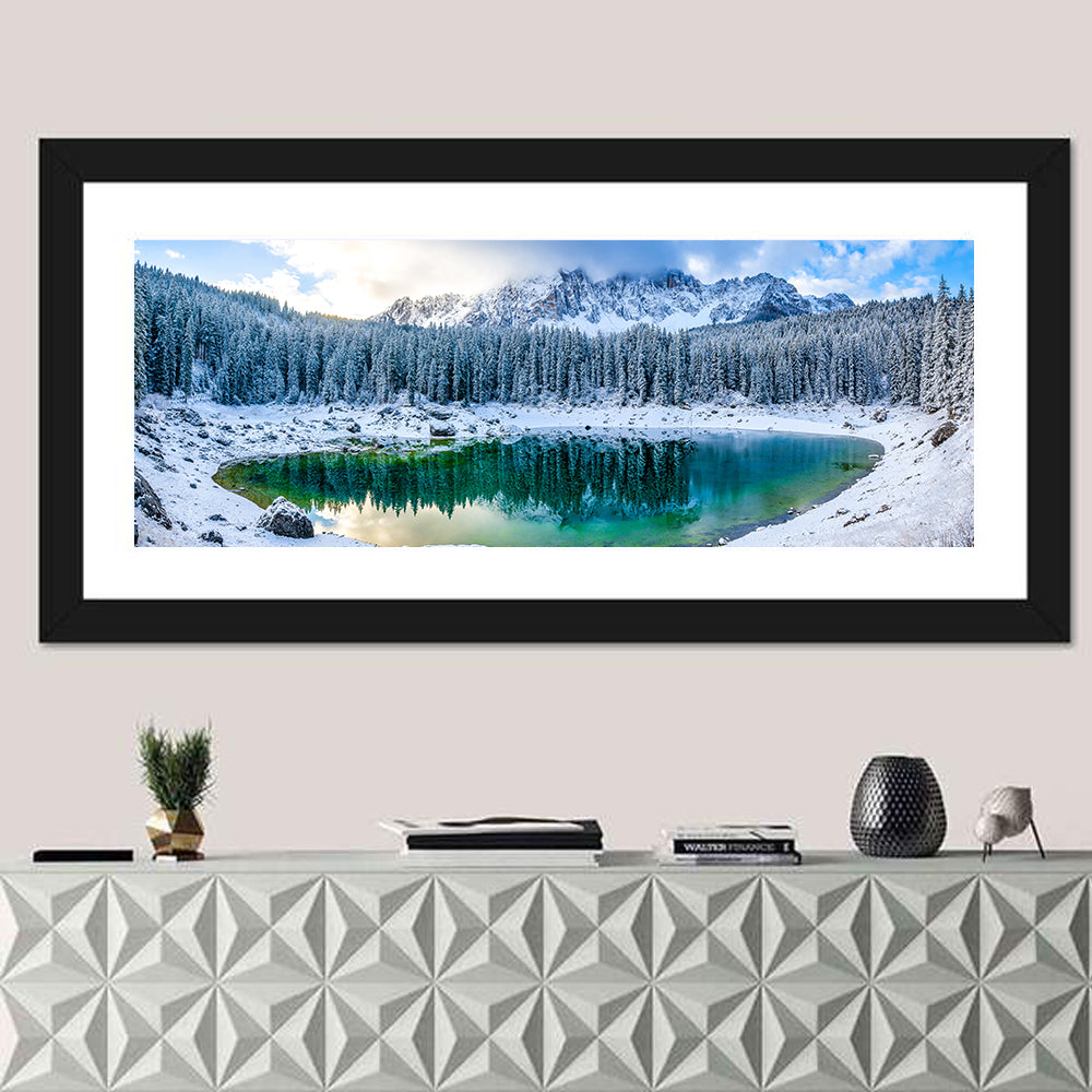 Snowy Mountain Lake Reflection Wall Art in a room, panoramic