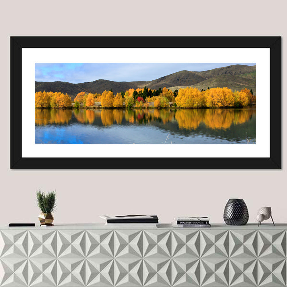 Lake Ruataniwha Autumn Reflection Wall Art in a room, panoramic
