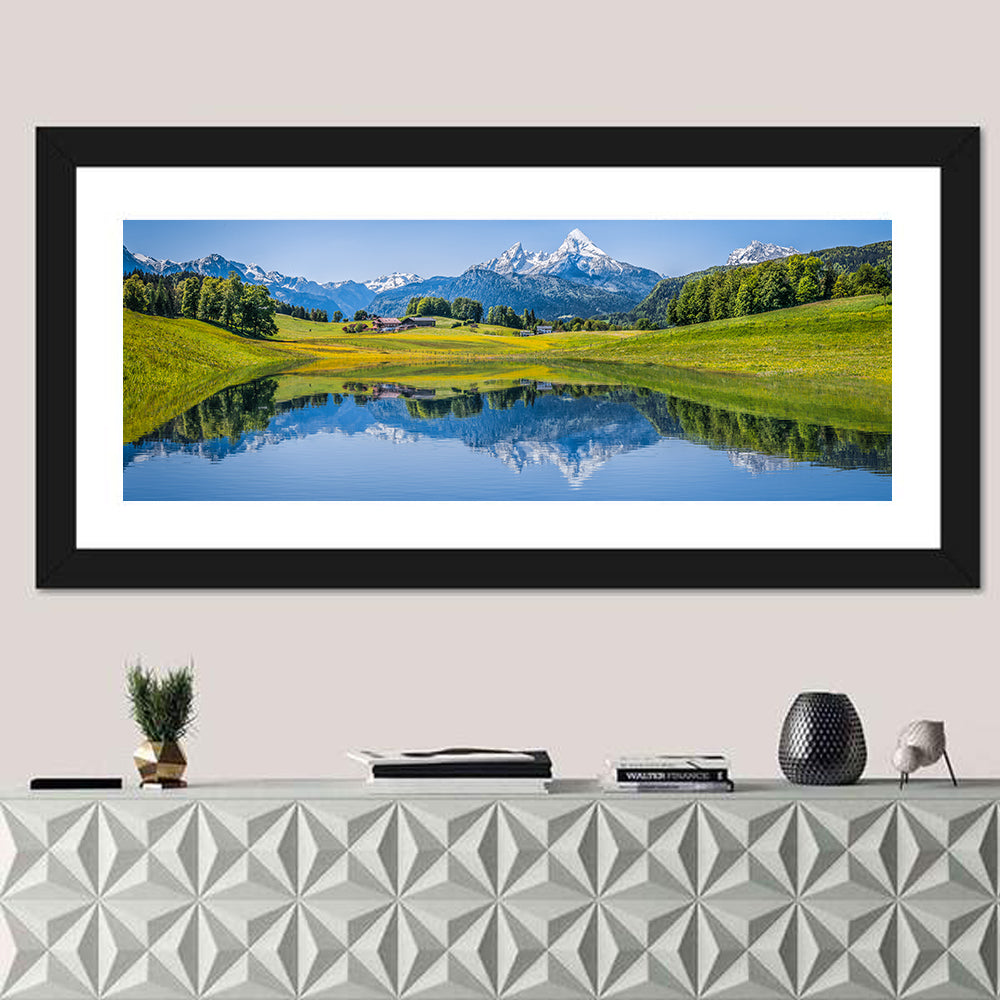 Watzmann Summer Reflection Wall Art in a room, panoramic