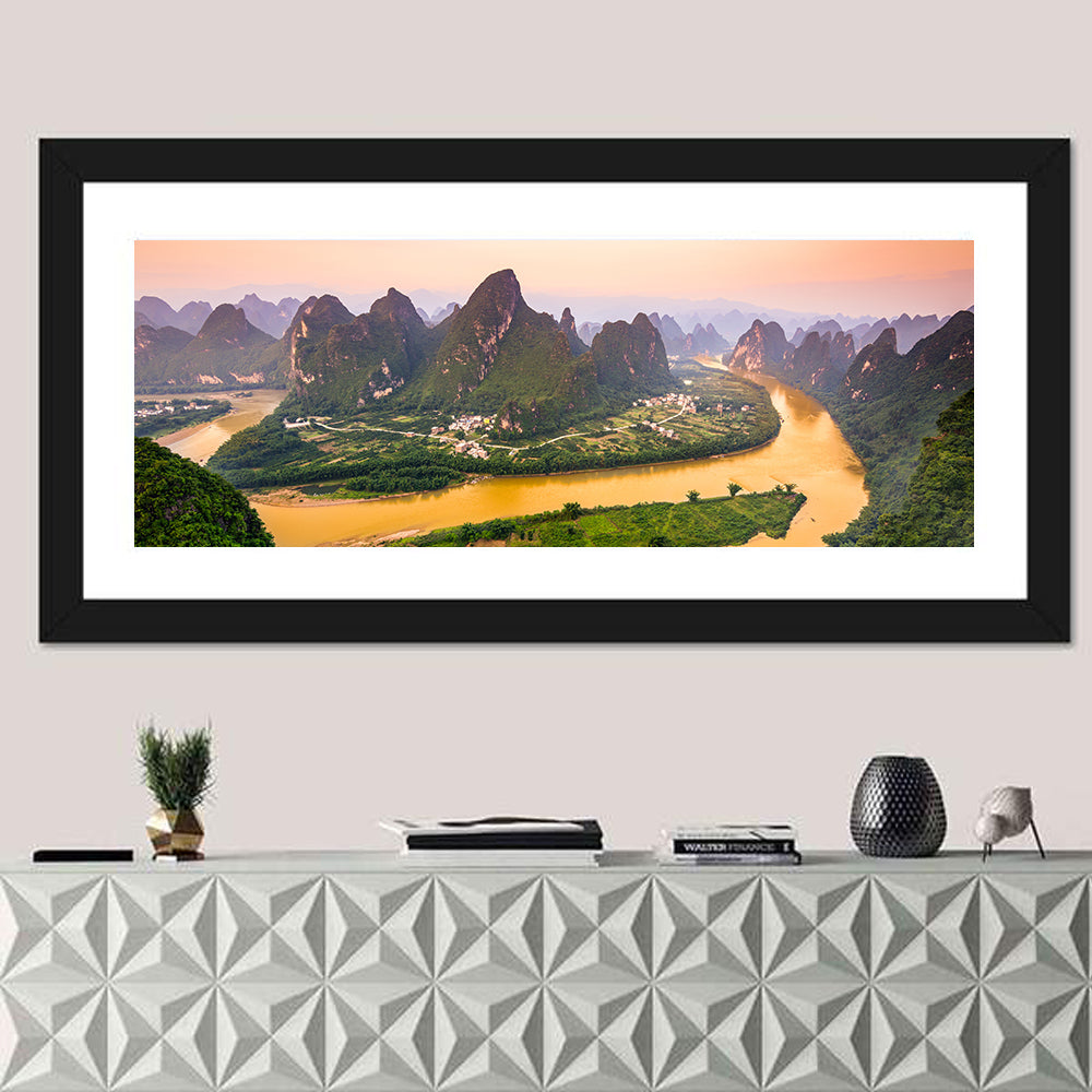 Xingping Karst Mountains Wall Art in a room, panoramic