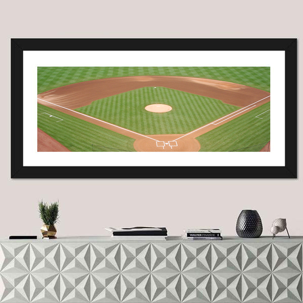 Aerial Baseball Diamond Wall Art in a room, panoramic