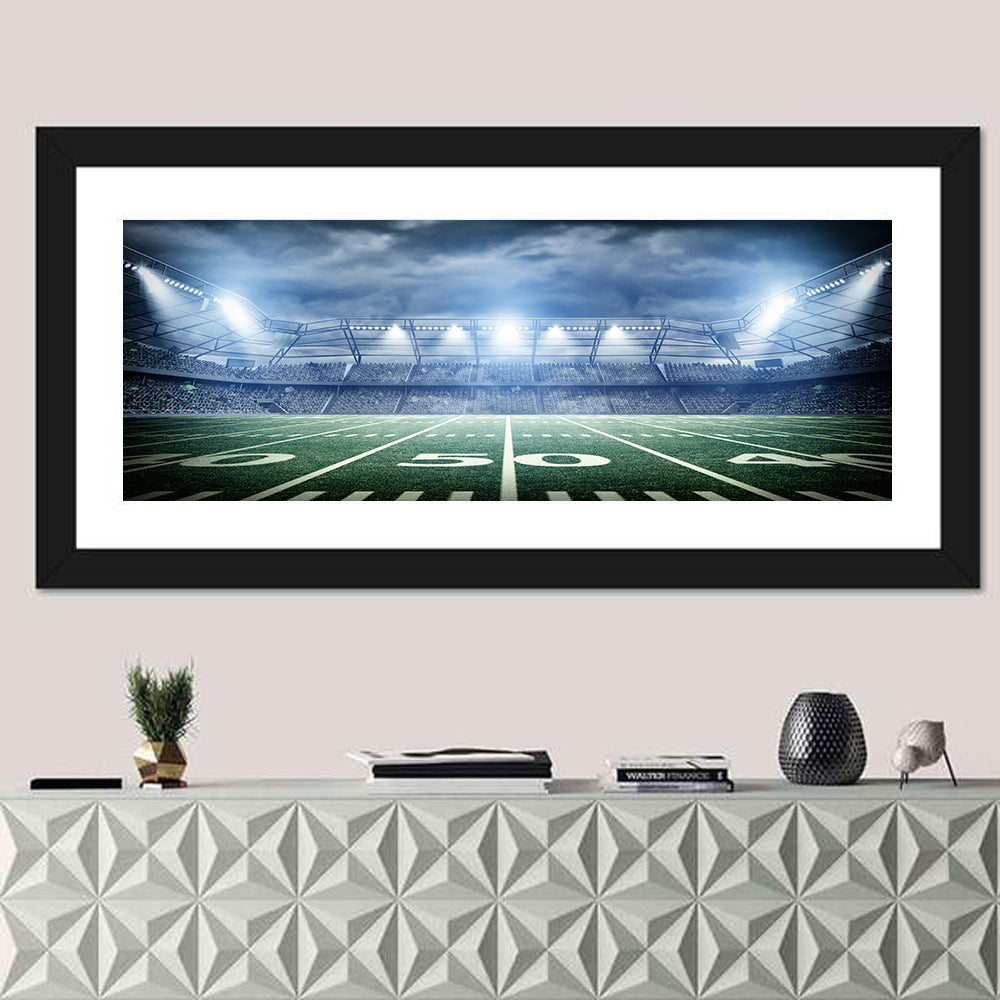 Floodlit Soccer Stadium at Night Wall Art in a room, panoramic