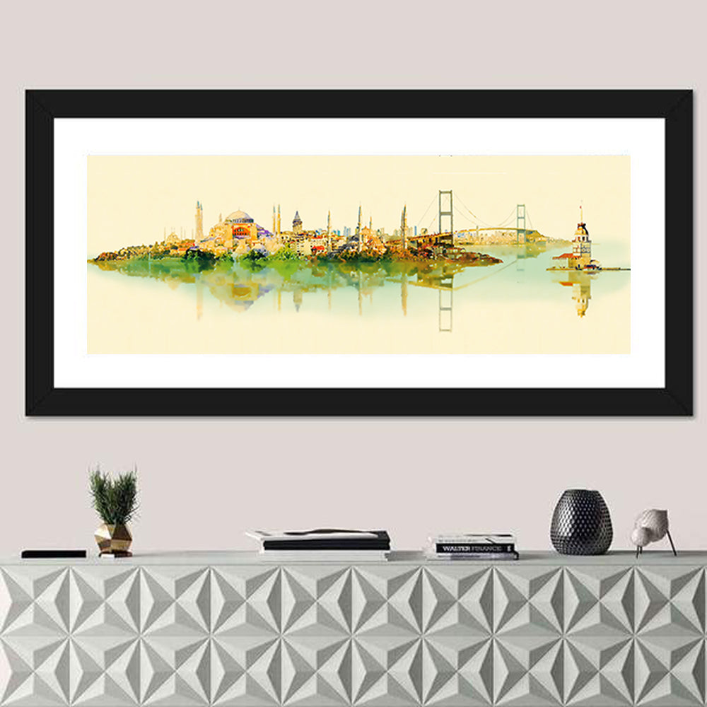 Istanbul Bosphorus Watercolor Skyline Wall Art in a room, panoramic