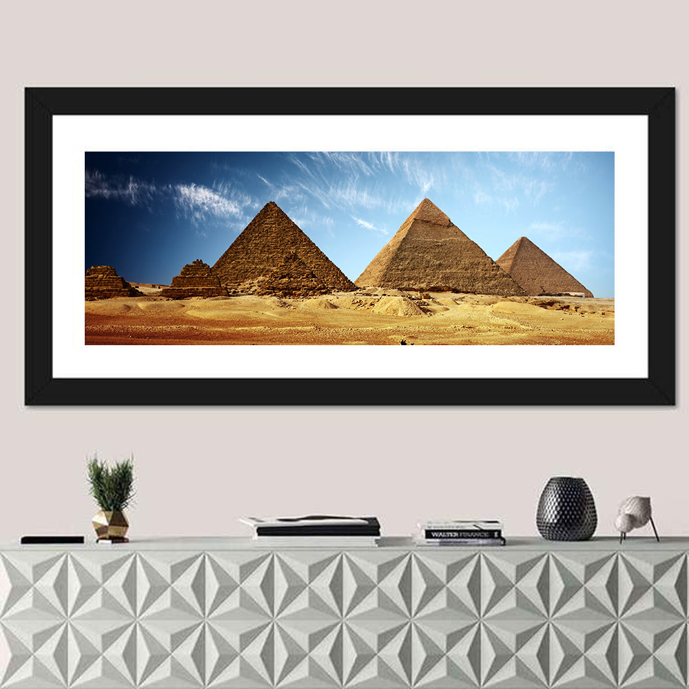 Giza Pyramids Valley View Wall Art in a room, panoramic