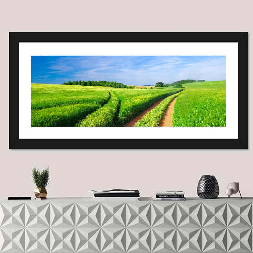 Summer Meadow with Dirt Path Wall Art in a room, panoramic