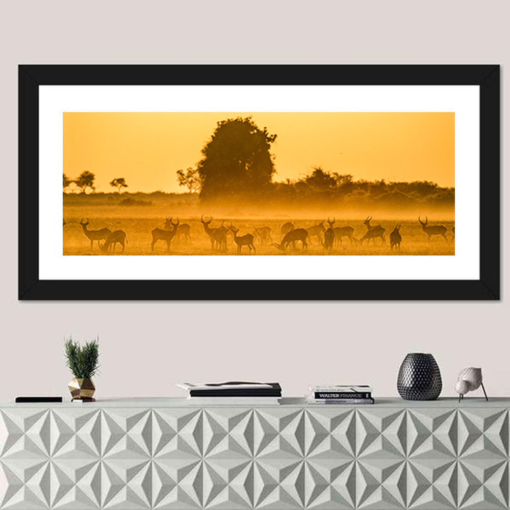Antelope Herd at Golden Hour Wall Art in a room, panoramic