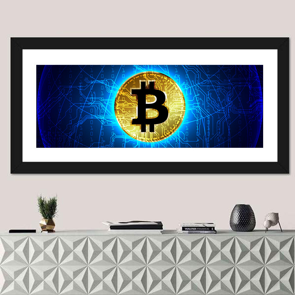 Golden Bitcoin Globe Wall Art in a room, panoramic