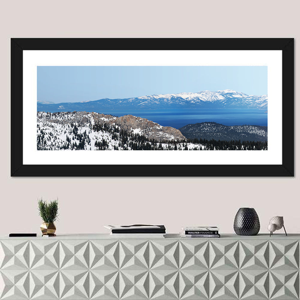 Lake Tahoe Winter Landscape Wall Art in a room, panoramic