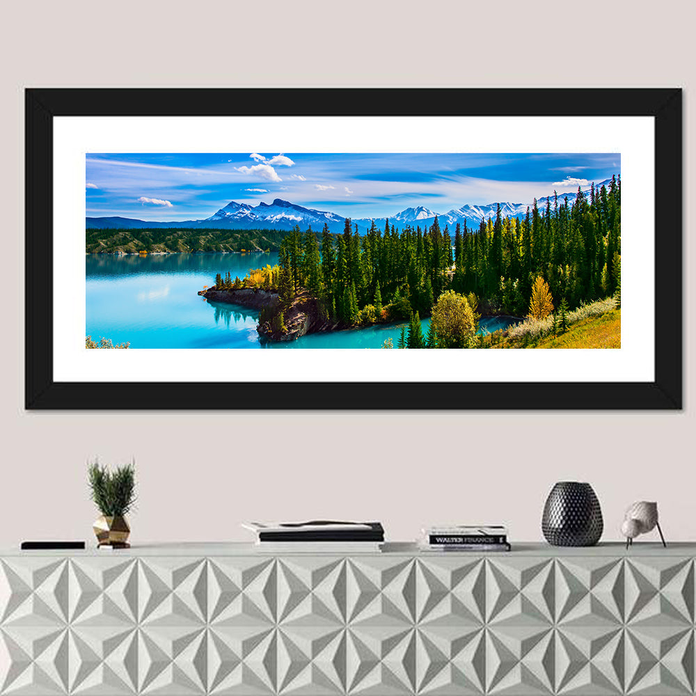 Abraham Lake Shoreline Wall Art in a room, panoramic