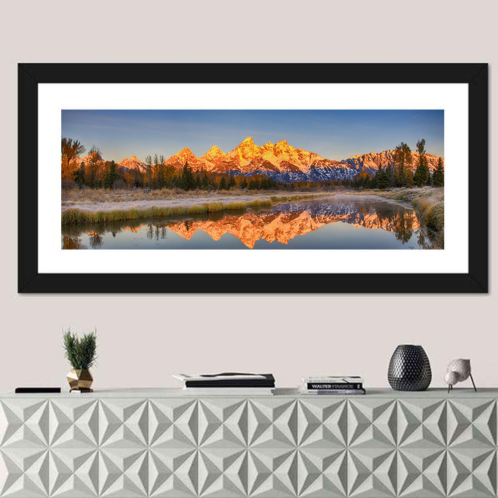 Grand Teton Sunrise Reflection Wall Art in a room, panoramic