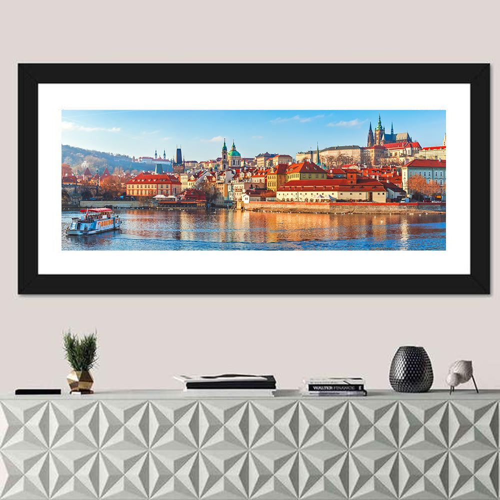 Prague Riverside Skyline Wall Art in a room, panoramic