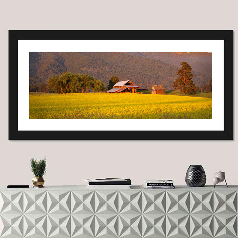 Rapeseed Field and Barn at Golden Hour Wall Art in a room, panoramic