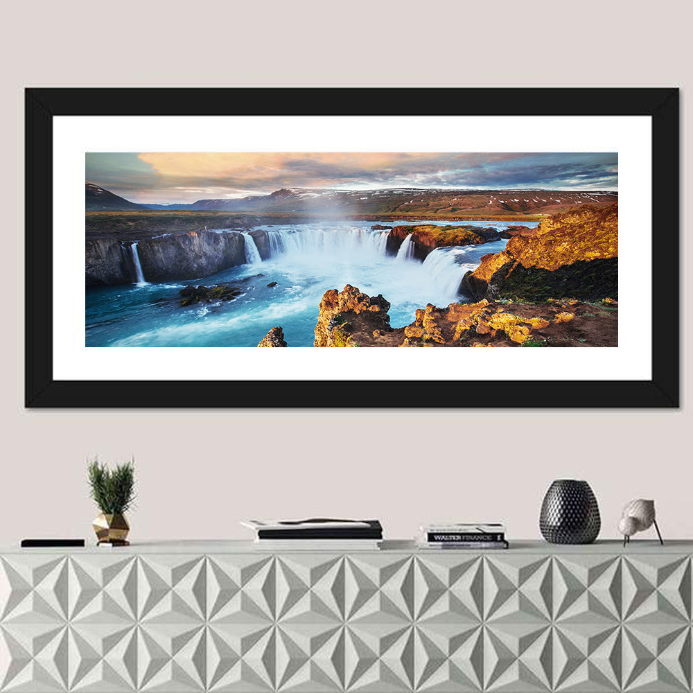 Godafoss Waterfall at Golden Hour Wall Art in a room, panoramic